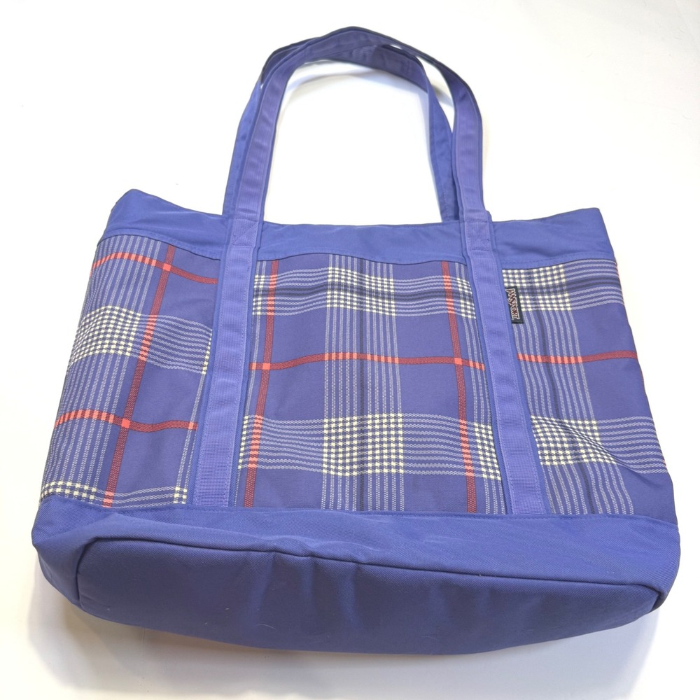 Jansport Tote Bag Purple Plaid Canvas Large Shoulder Carryall Travel Bag